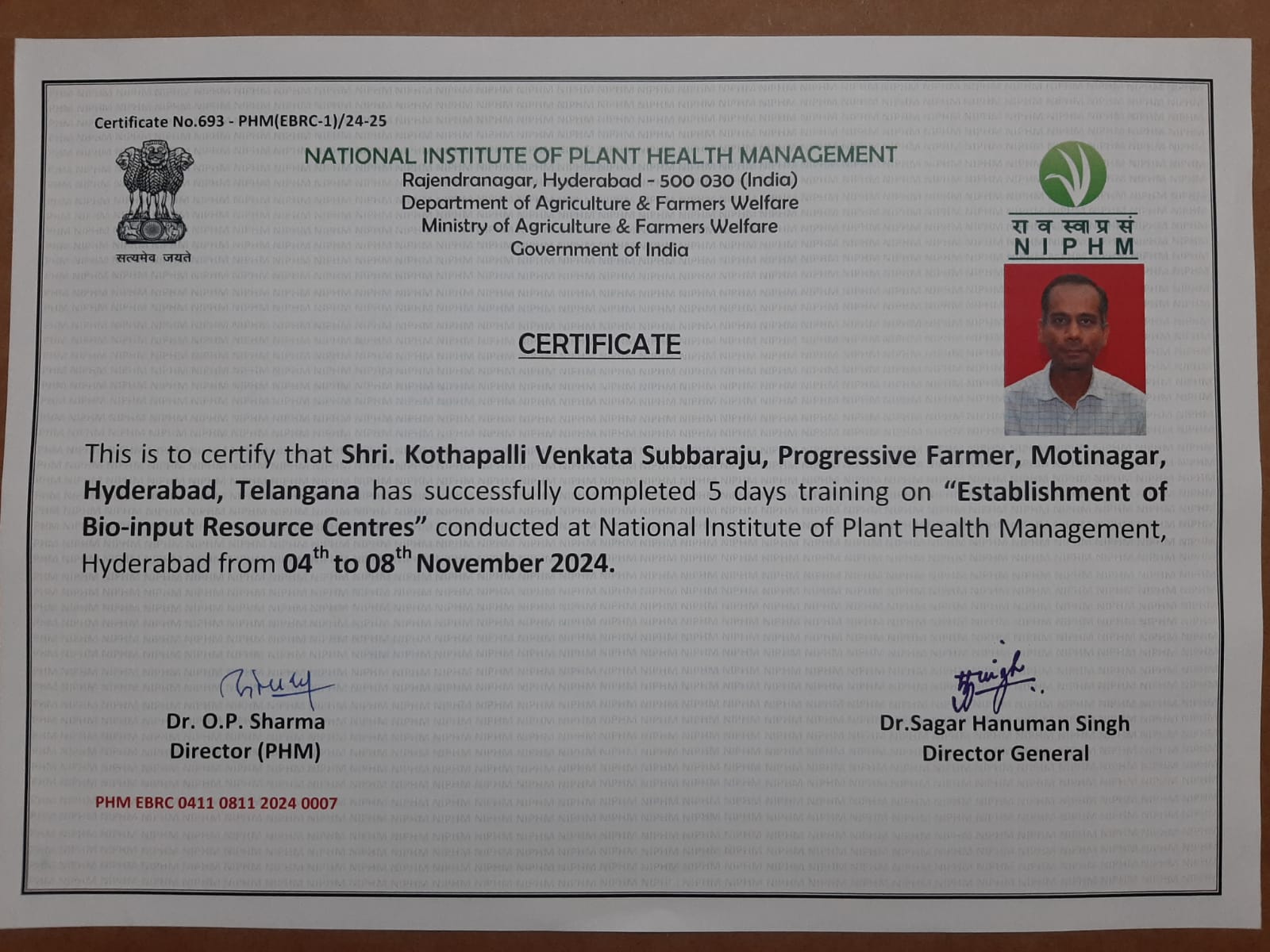 Estabishment of Bio-input Resource Centers by NIPHM, Hyderabad in November 2024